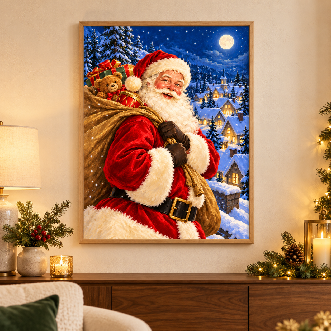 Diamond Painting Nostalgischer Weihnachtsmann gerahmt als Wandbild im weihnachtlichen Wohnzimmer