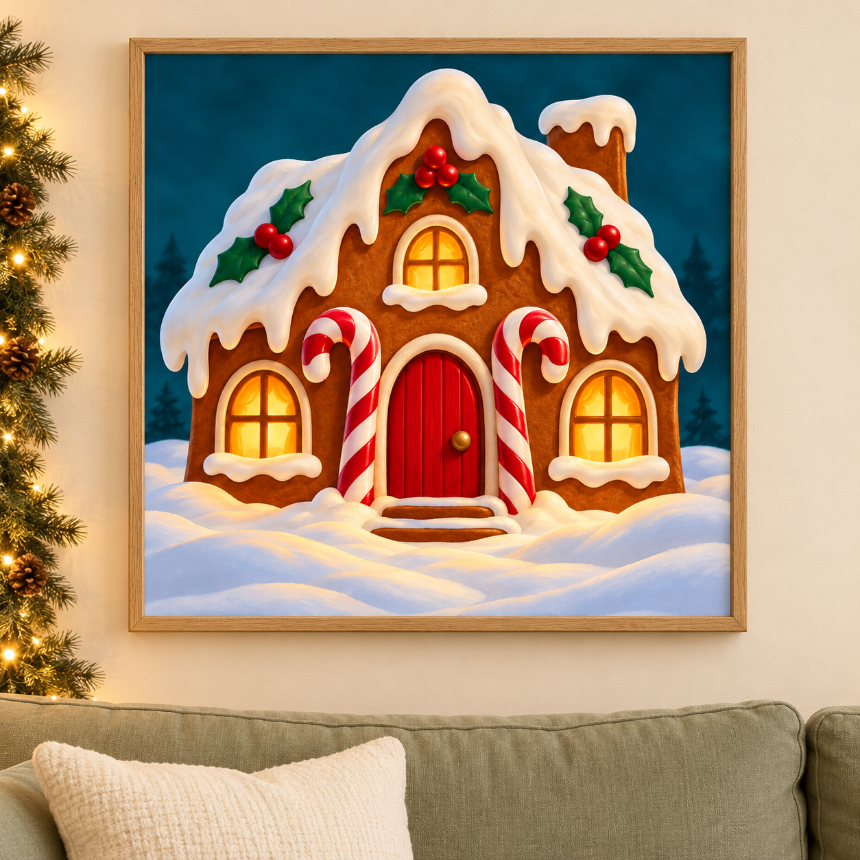 Diamond Painting Lebkuchenhaus im Schnee gerahmt als Wandbild im weihnachtlichen Wohnzimmer