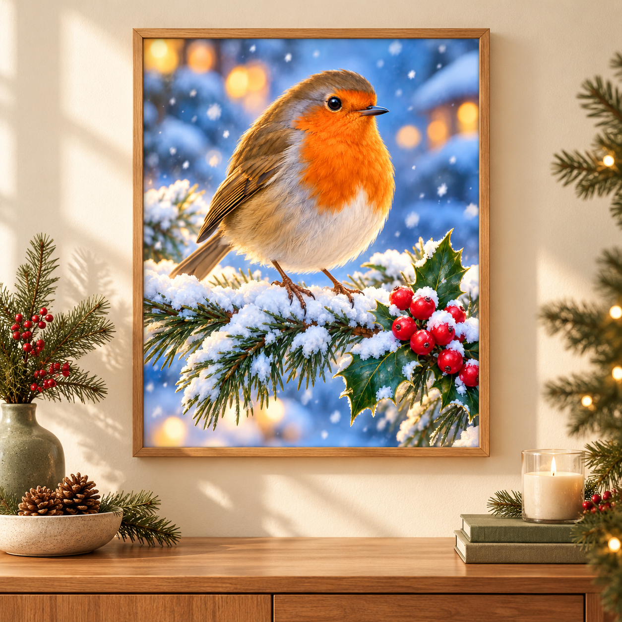 Diamond Painting Rotkehlchen im Winter gerahmt als Wandbild im weihnachtlichen Wohnzimmer