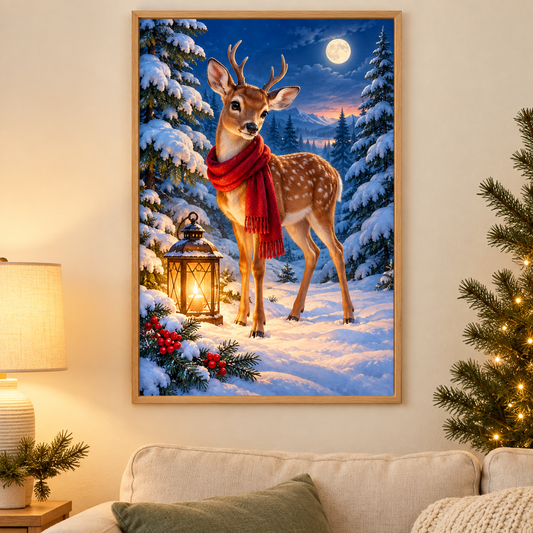 Diamond Painting Weihnachtshirsch mit Laterne gerahmt als Wandbild im weihnachtlichen Wohnzimmer
