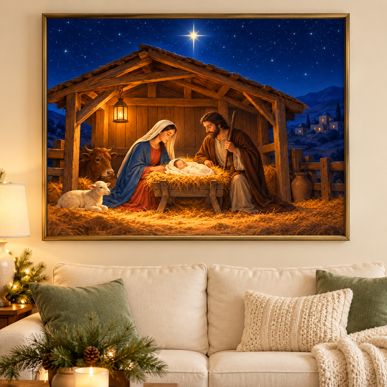 Diamond Painting Weihnachtskrippe bei Nacht gerahmt als Wandbild im weihnachtlichen Wohnzimmer