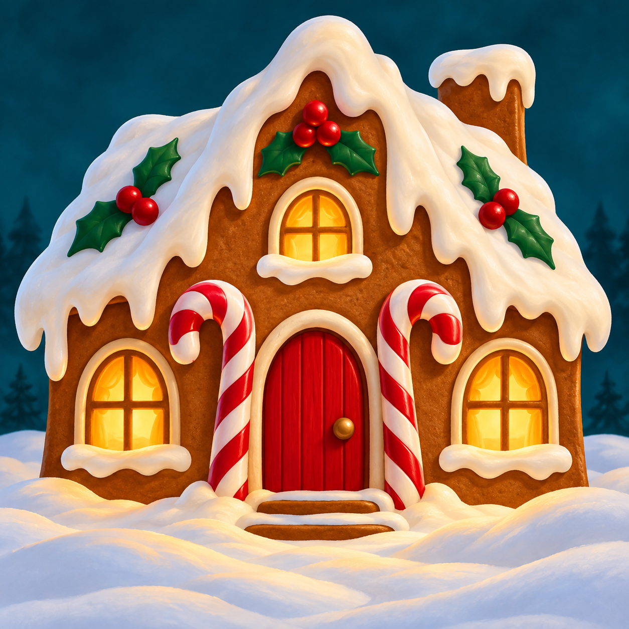 Diamond Painting Lebkuchenhaus mit Zuckerguss, Zuckerstangen und leuchtenden Fenstern im Schnee