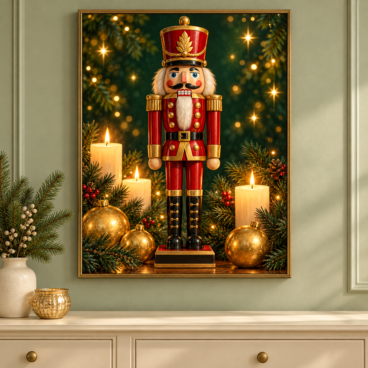 Diamond Painting Nussknacker in Rot und Gold gerahmt als Wandbild im weihnachtlichen Wohnzimmer