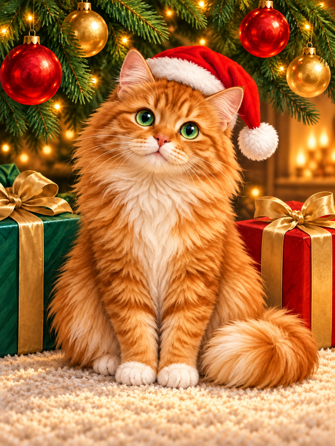 Diamond Painting Rote Katze mit Weihnachtsmütze unter dem geschmückten Weihnachtsbaum mit Geschenken