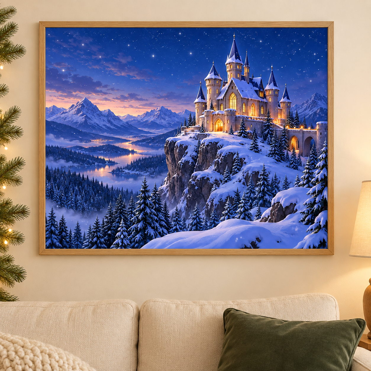 Diamond Painting Verschneites Märchenschloss gerahmt als Wandbild im weihnachtlichen Wohnzimmer