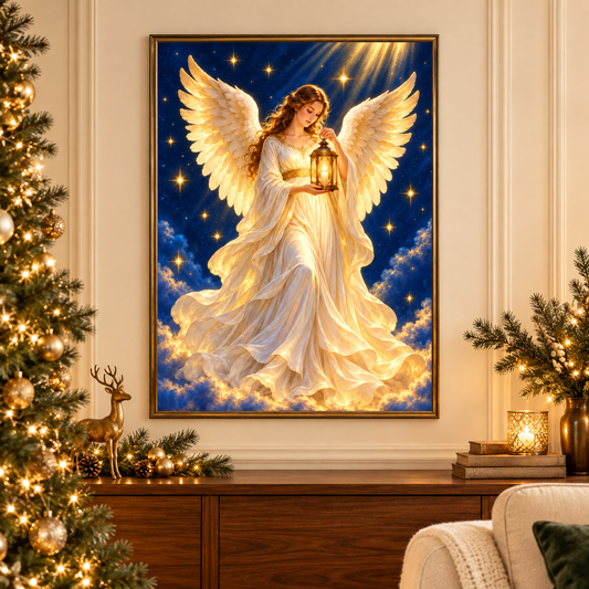 Diamond Painting Weihnachtsengel mit Laterne gerahmt als Wandbild im weihnachtlichen Wohnzimmer