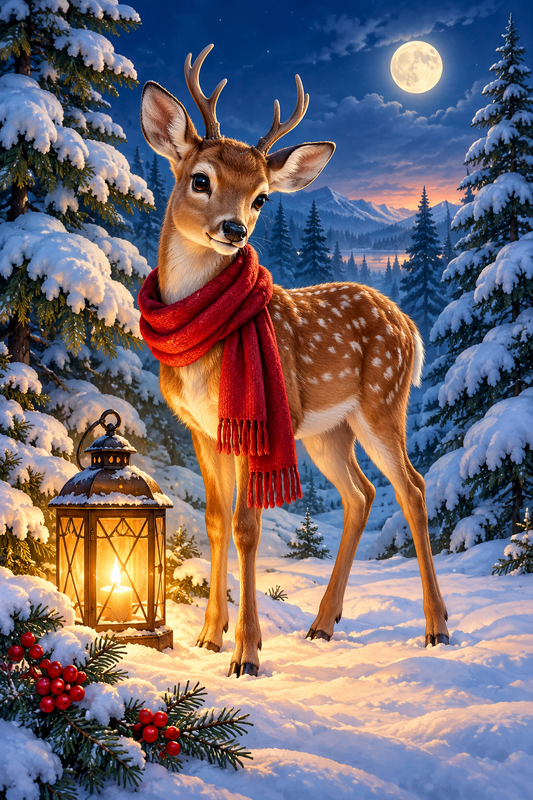 Diamond Painting Junger Hirsch mit rotem Schal neben einer leuchtenden Laterne im verschneiten Wald