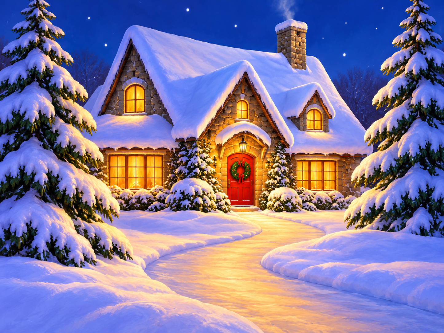 Diamond Painting Verschneites Steinhaus mit leuchtenden Fenstern, roter Tür und Tannen im Winter