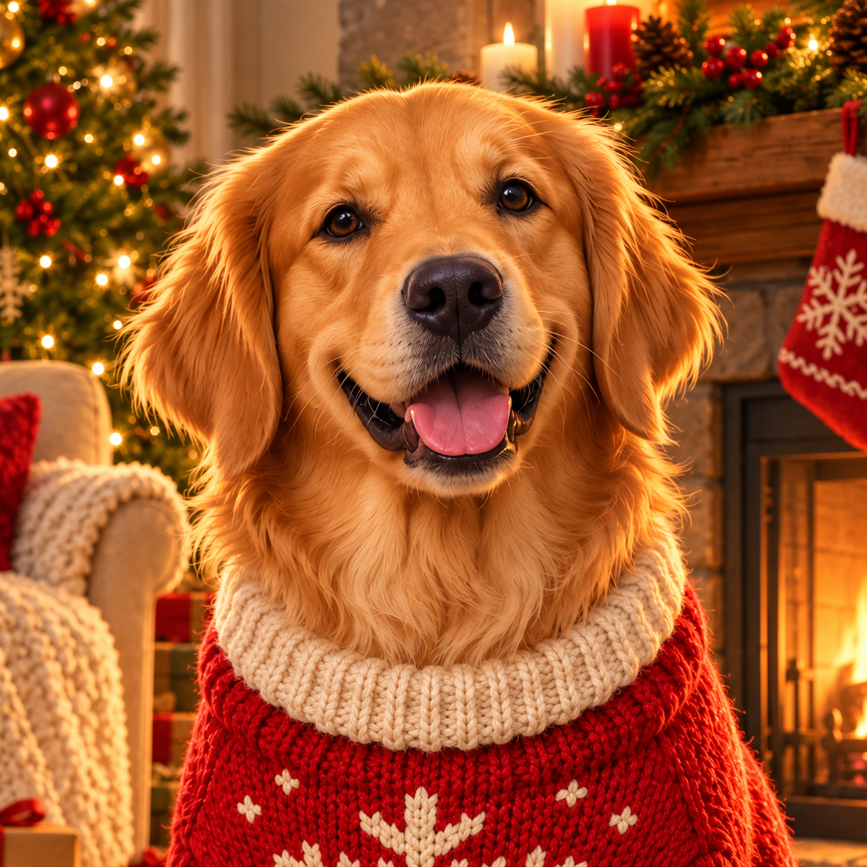 Detailansicht Diamond Painting Golden Retriever im Weihnachtspulli