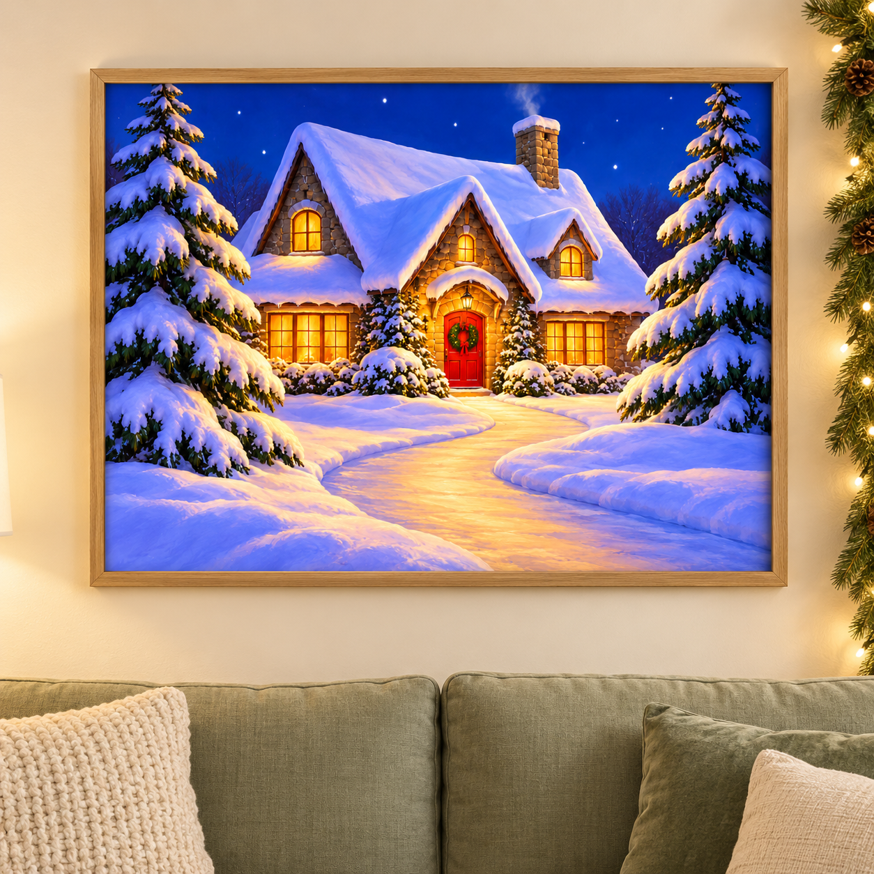 Diamond Painting Verschneites Weihnachtshaus gerahmt als Wandbild im weihnachtlichen Wohnzimmer