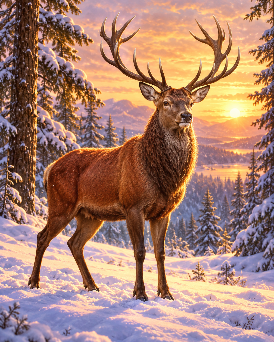 Diamond Painting Rothirsch mit großem Geweih im verschneiten Winterwald bei Sonnenuntergang