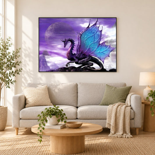Drachen als gerahmtes Diamond Painting im Wohnzimmer