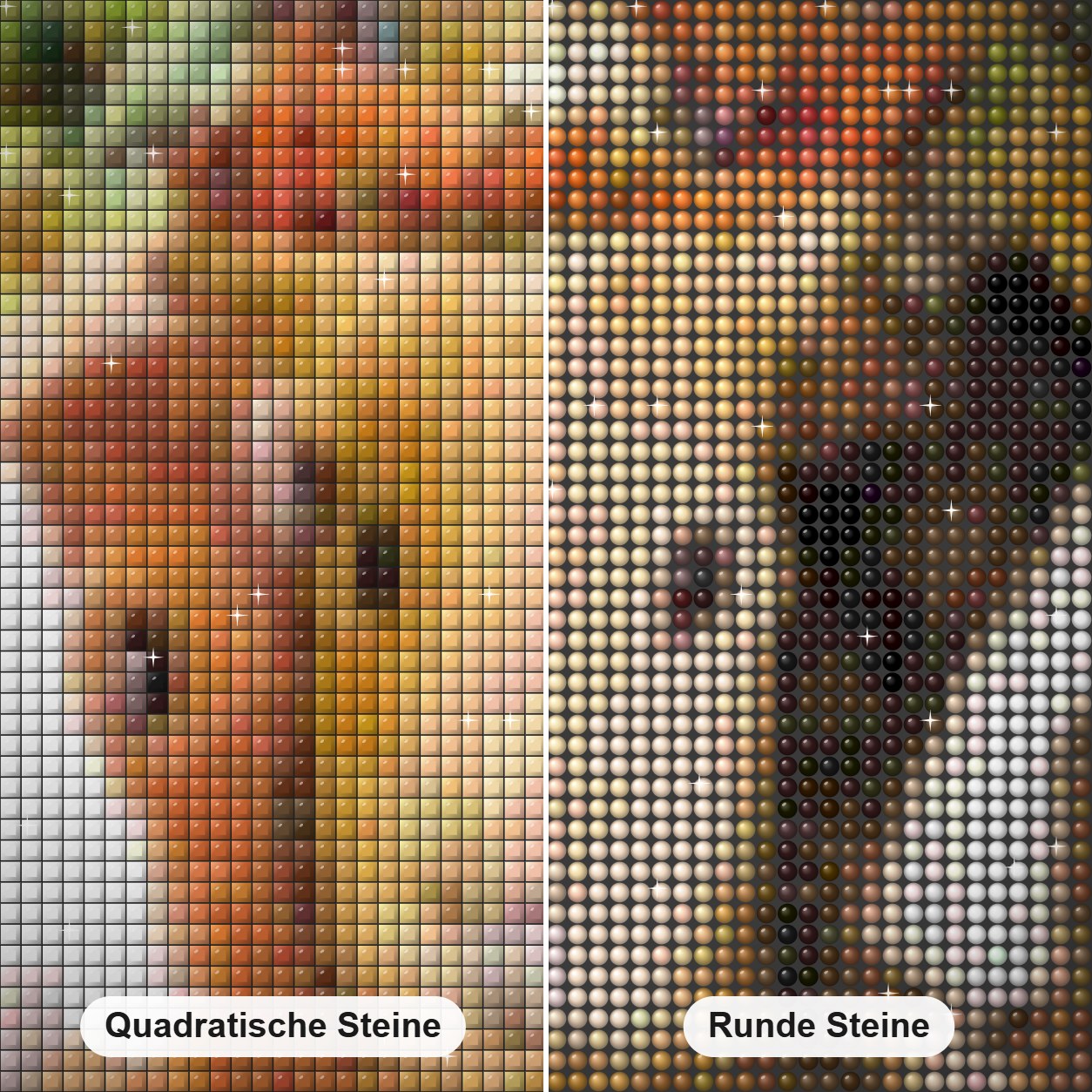 Drei Meerschweinchen in Hüten Diamond Painting Nahaufnahme mit quadratischen und runden Steinen