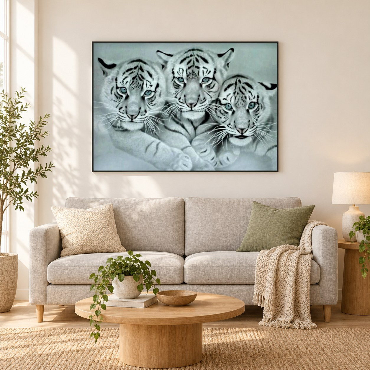 Drei weiße Tiger als gerahmtes Diamond Painting im Wohnzimmer