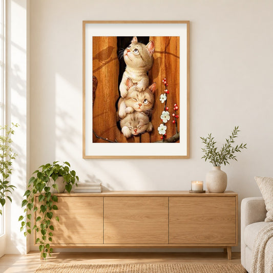 Drillinge Katzen als gerahmtes Diamond Painting im Wohnzimmer