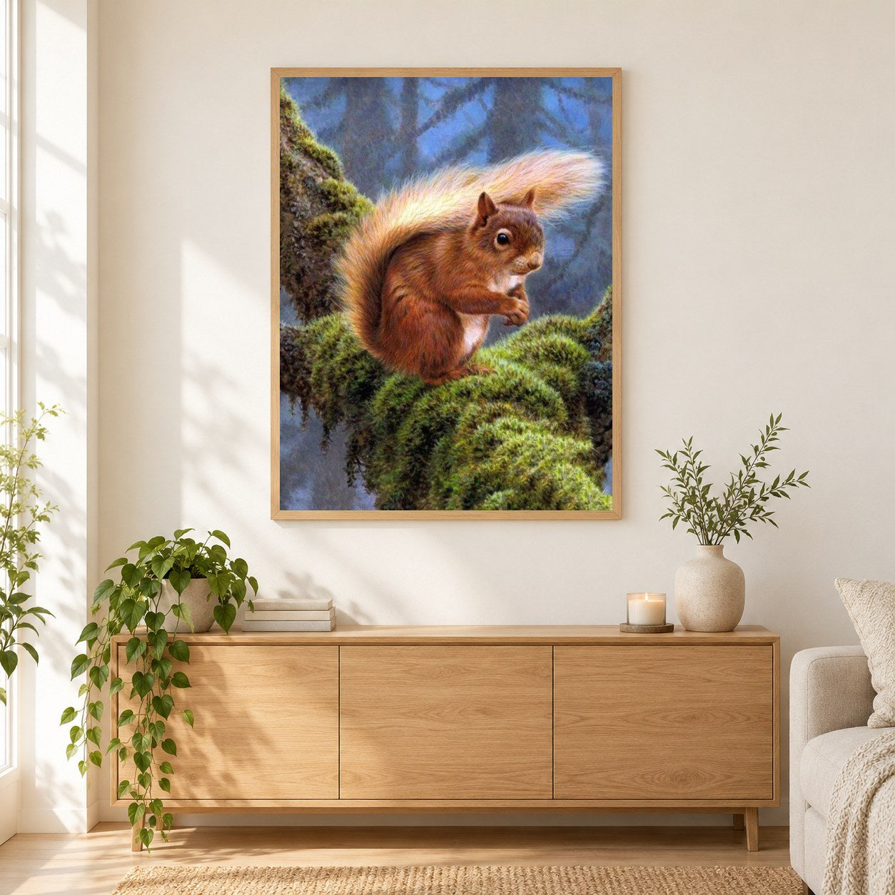 Eichhörnchen im Wald als gerahmtes Diamond Painting im Wohnzimmer