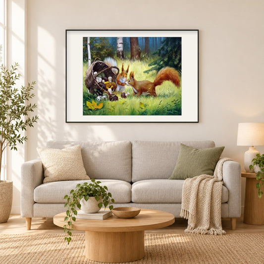 Eichhörnchen Paar als gerahmtes Diamond Painting im Wohnzimmer