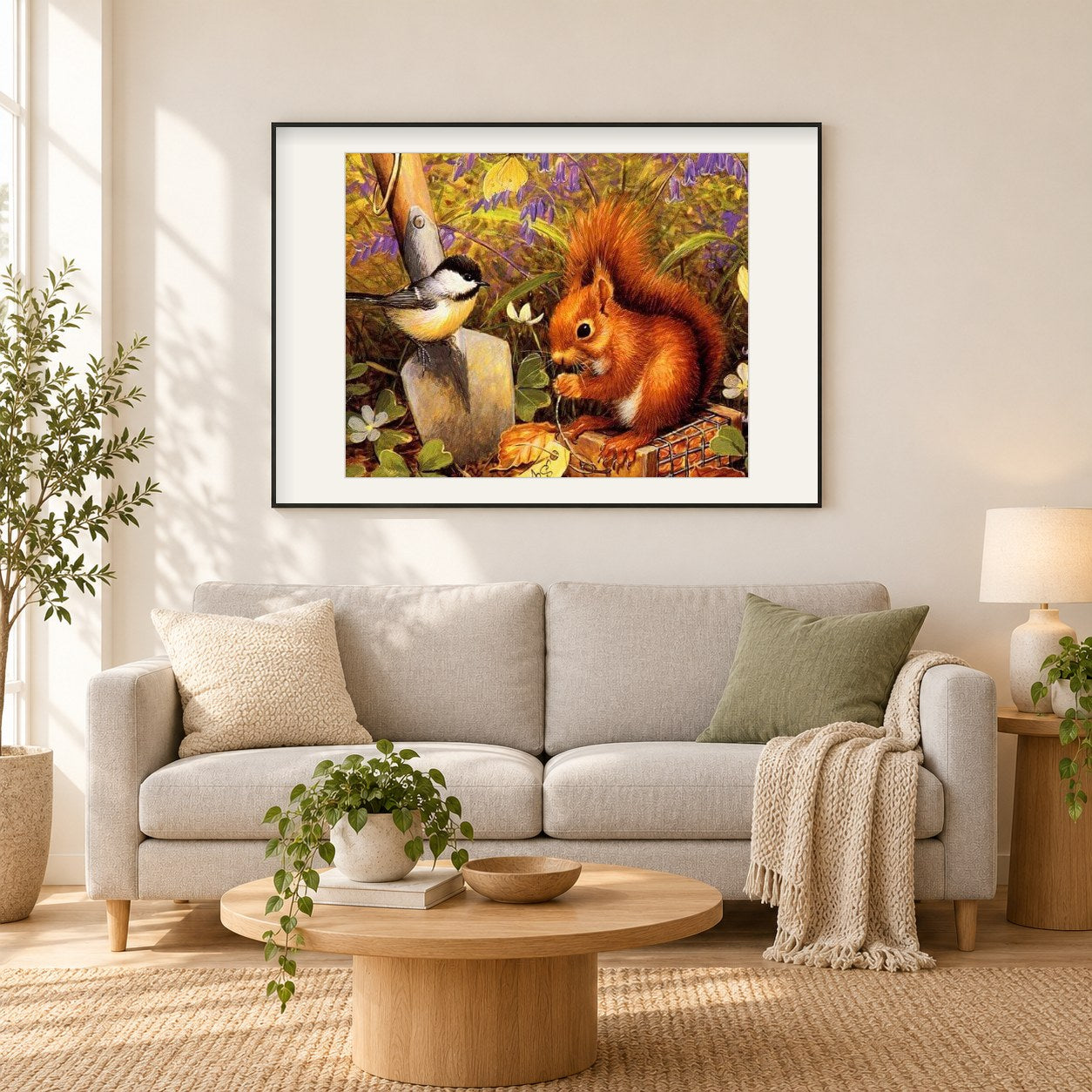 Eichhörnchen & Spatz als gerahmtes Diamond Painting im Wohnzimmer