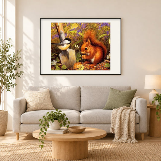 Eichhörnchen & Spatz als gerahmtes Diamond Painting im Wohnzimmer