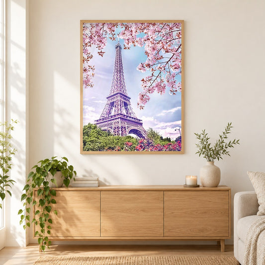 Eiffelturm Landschaft Schönheit als gerahmtes Diamond Painting im Wohnzimmer