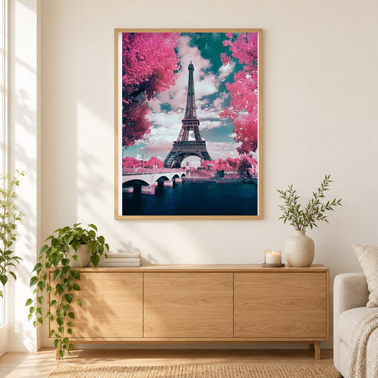 Eiffelturm Paris als gerahmtes Diamond Painting im Wohnzimmer