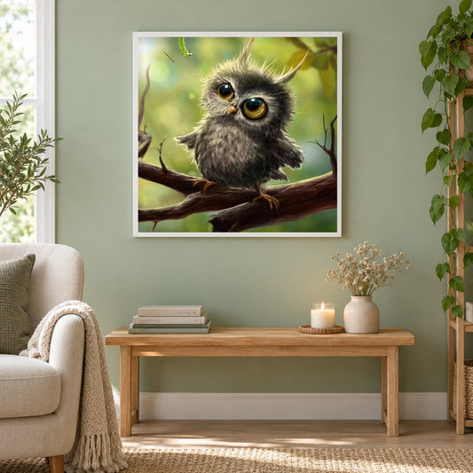 Eine Eule die Raupe starrt als gerahmtes Diamond Painting im Wohnzimmer