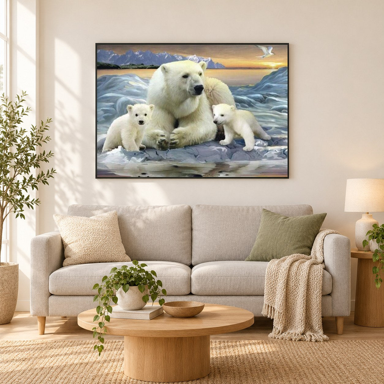 Eisbärenfamilie als gerahmtes Diamond Painting im Wohnzimmer