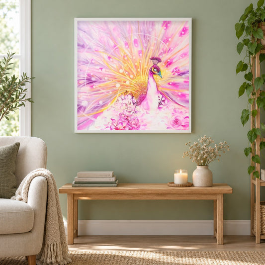 Eleganter rosa Pfau & Blumen als gerahmtes Diamond Painting im Wohnzimmer