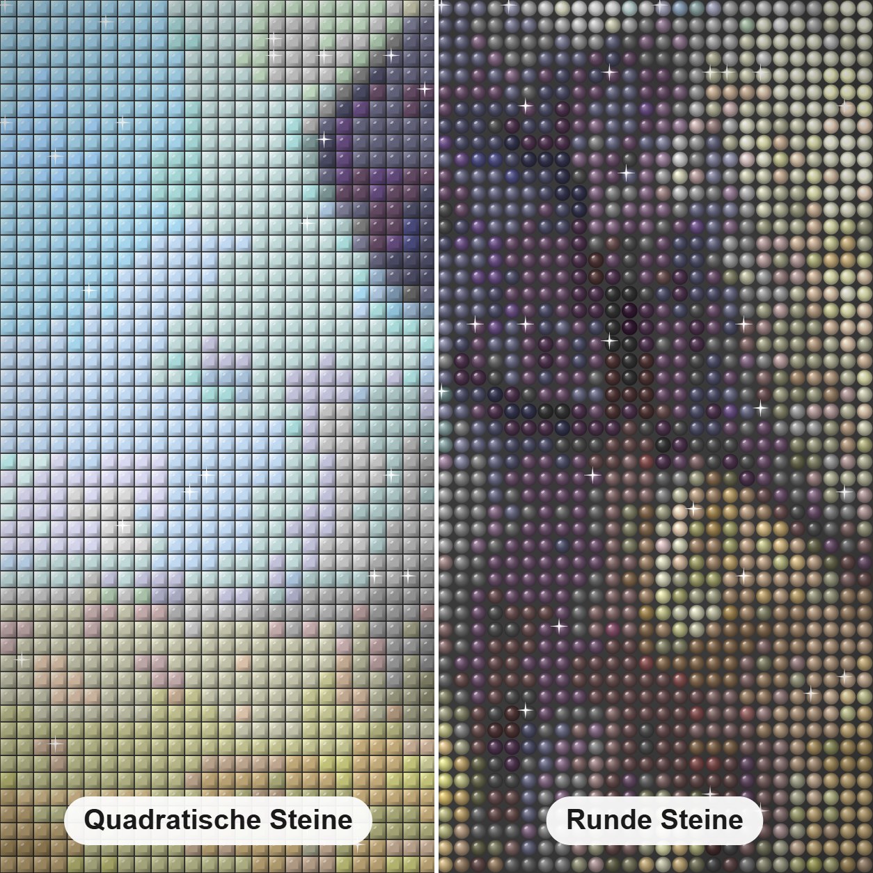 Elefantenstaub -  Kunst des Eric Wilson Diamond Painting Nahaufnahme mit quadratischen und runden Steinen