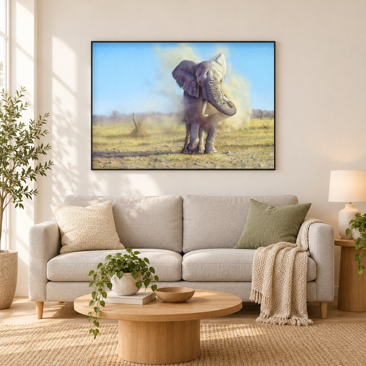 Elefantenstaub -  Kunst des Eric Wilson als gerahmtes Diamond Painting im Wohnzimmer