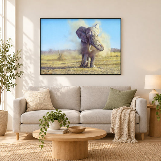Elefantenstaub -  Kunst des Eric Wilson als gerahmtes Diamond Painting im Wohnzimmer