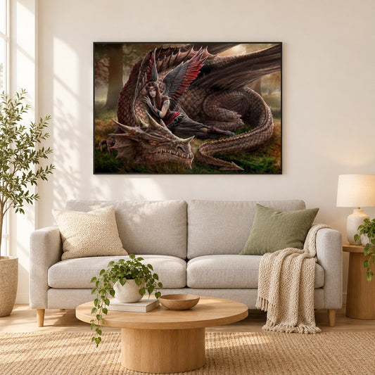 Engel Mädchen mit wütenden Drachen als gerahmtes Diamond Painting im Wohnzimmer