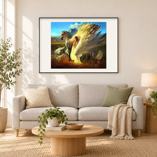 Engel & Pferd als gerahmtes Diamond Painting im Wohnzimmer