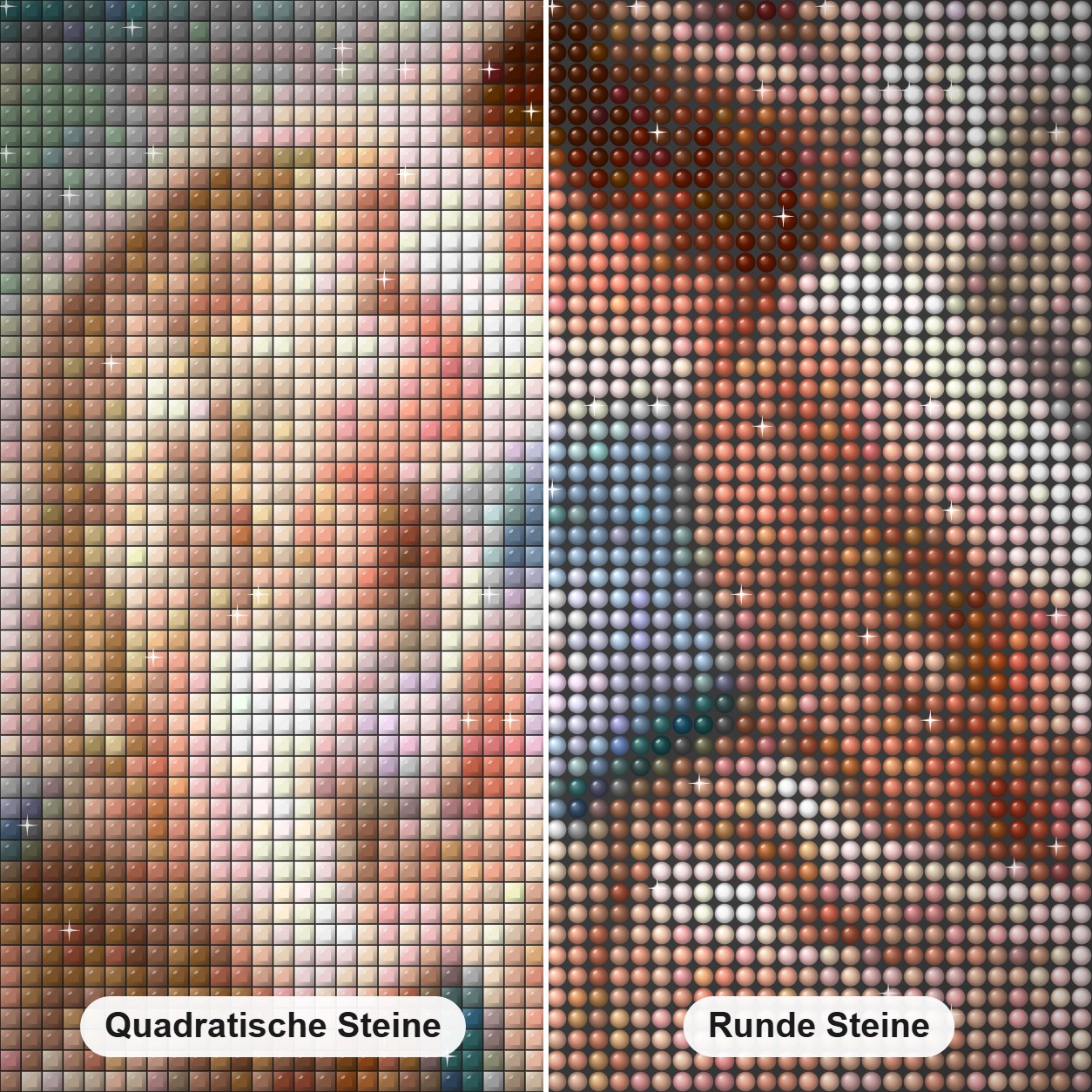 Engelskuss auf Mond Diamond Painting Nahaufnahme mit quadratischen und runden Steinen