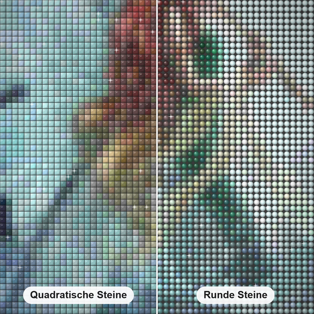 Engelsmädchen spielt Flöte Diamond Painting Nahaufnahme mit quadratischen und runden Steinen