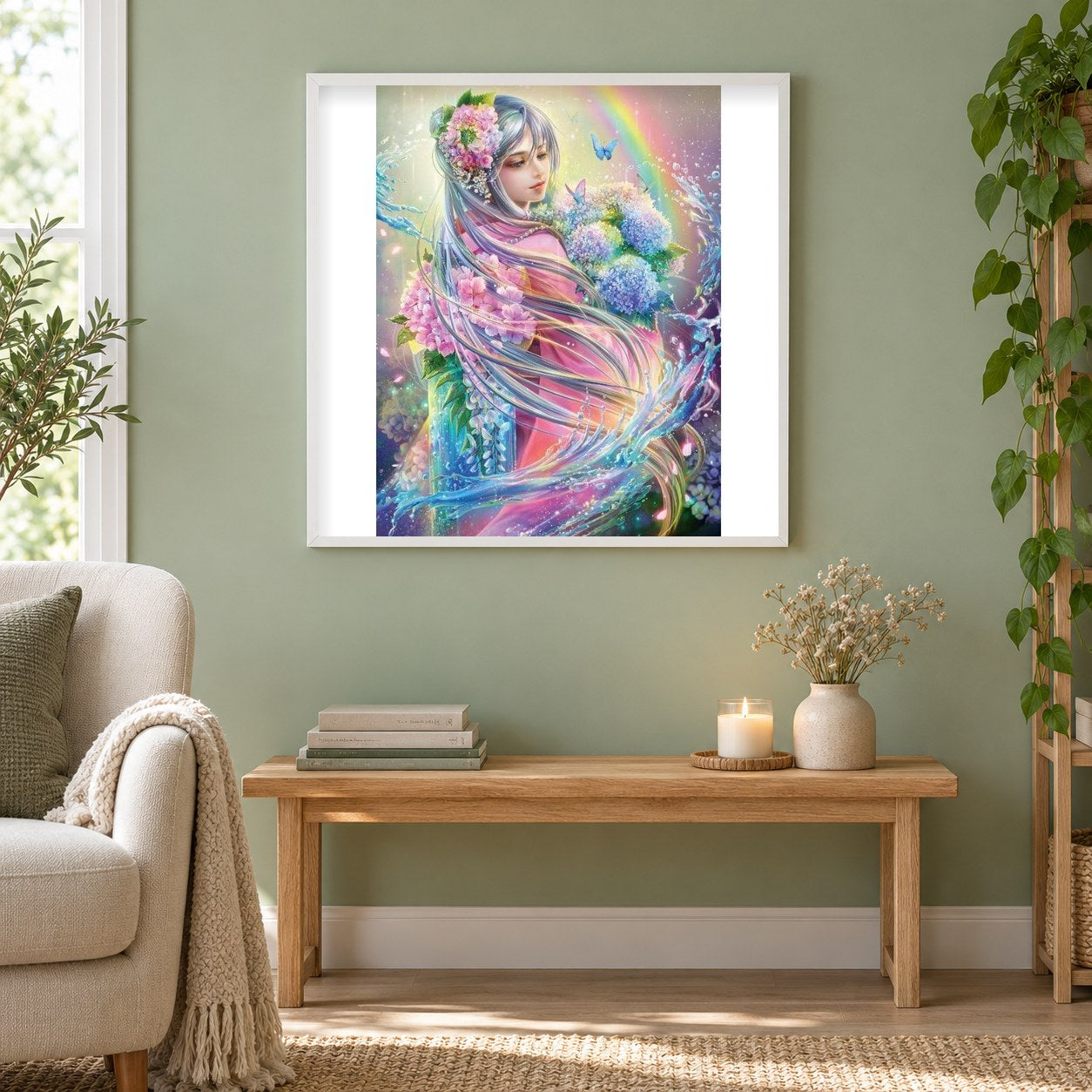 Engelsschönheit als gerahmtes Diamond Painting im Wohnzimmer