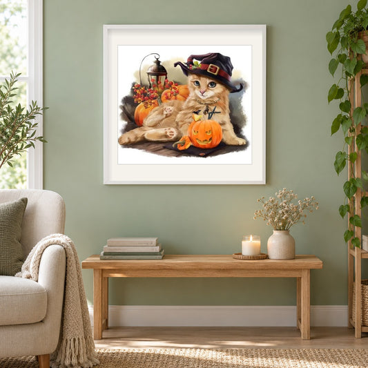 Entzückende Halloween-Katze als gerahmtes Diamond Painting im Wohnzimmer
