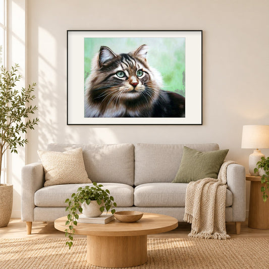 Entzückende Katze als gerahmtes Diamond Painting im Wohnzimmer