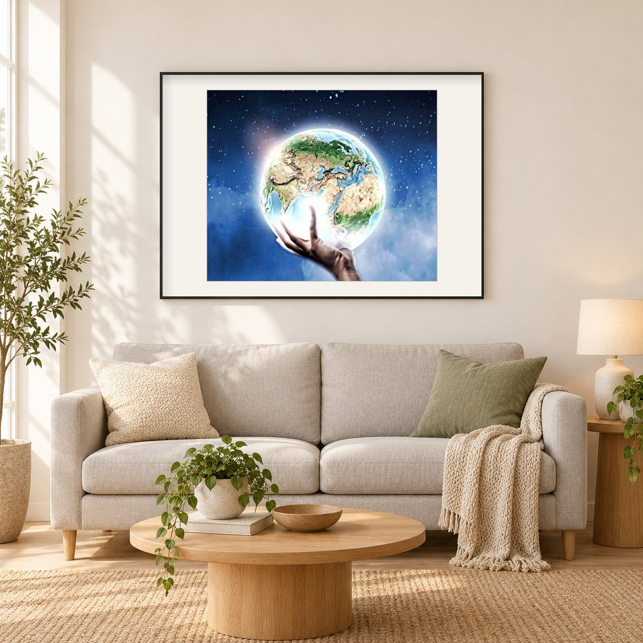 Erd- und Universum als gerahmtes Diamond Painting im Wohnzimmer