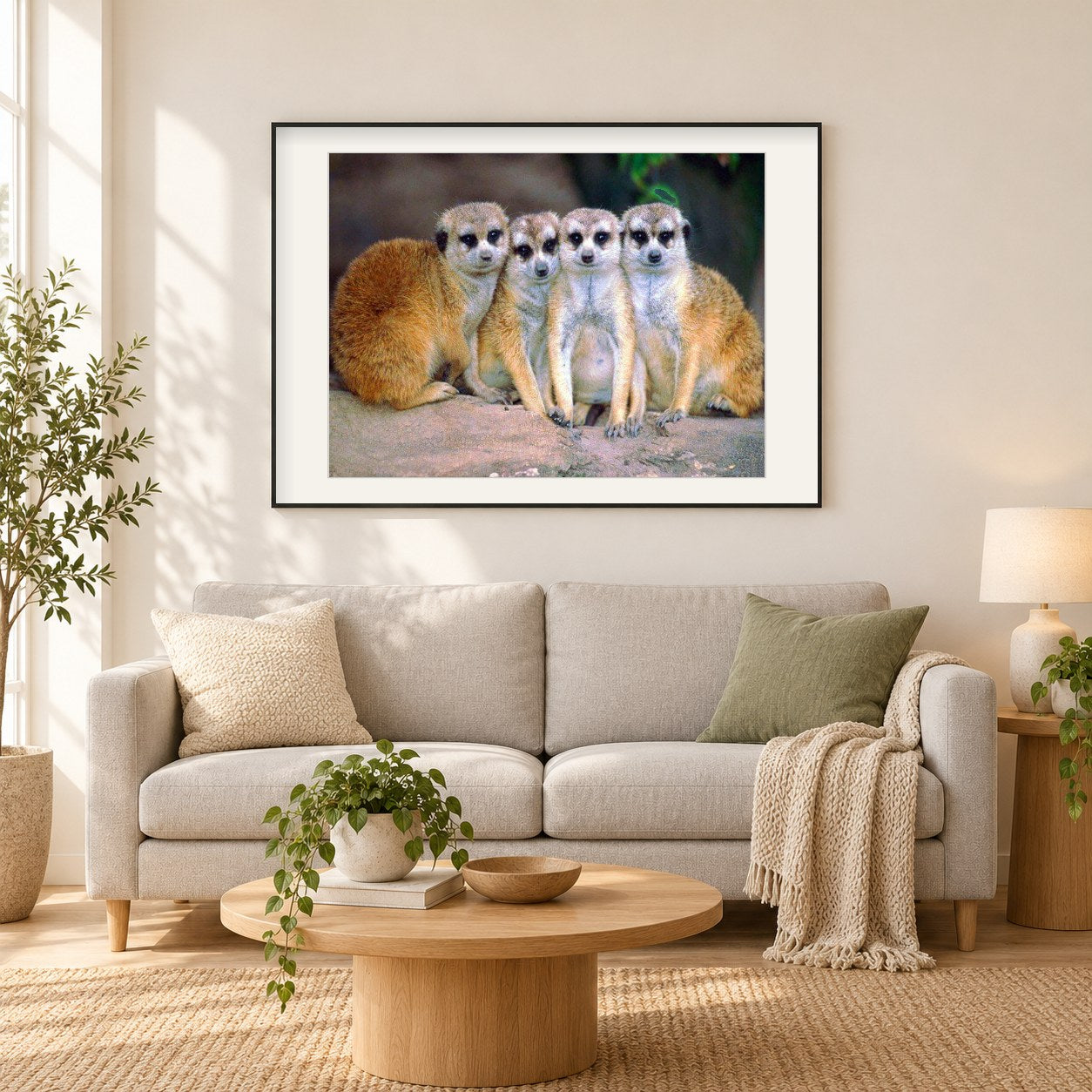 Erdmännchen in der Gruppe als gerahmtes Diamond Painting im Wohnzimmer