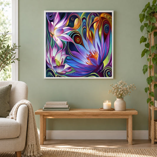 Erstaunliche Lotuskunst als gerahmtes Diamond Painting im Wohnzimmer