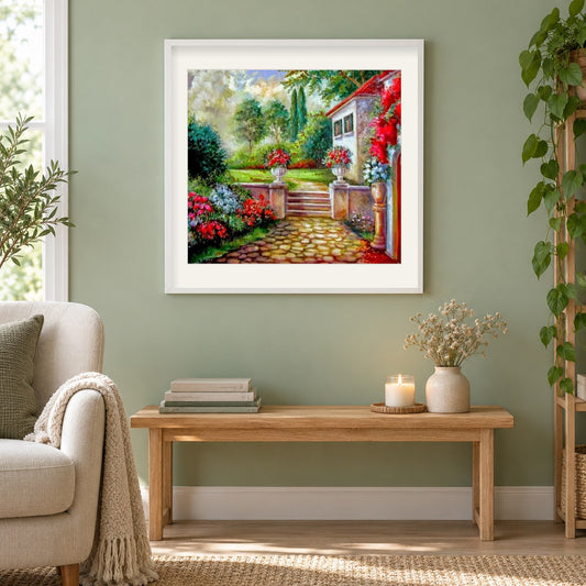 Erstaunliche Villa mit schönem Garten als gerahmtes Diamond Painting im Wohnzimmer