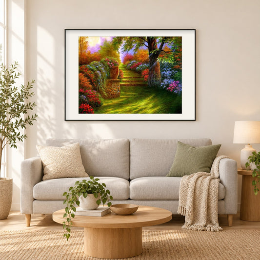 Erstaunlicher Gartensonnenschein als gerahmtes Diamond Painting im Wohnzimmer