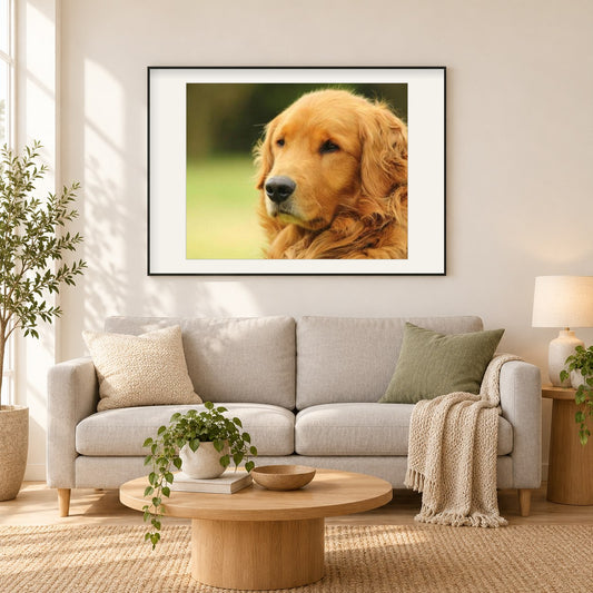 erstaunlicher Golden Retriever als gerahmtes Diamond Painting im Wohnzimmer