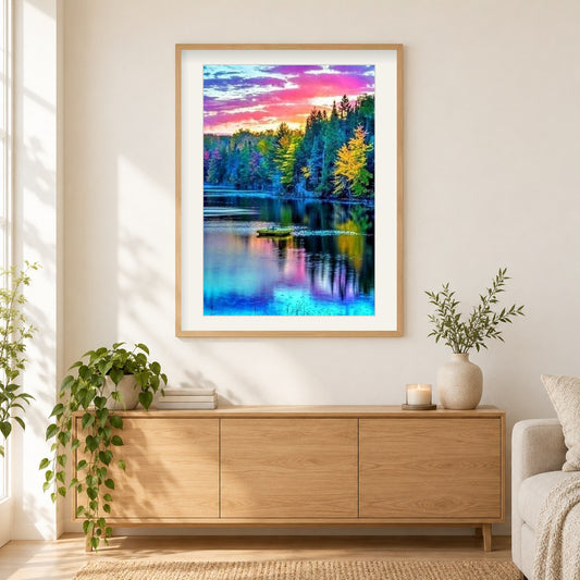 Erstaunliches Natur Reflexions-Mal-Kit als gerahmtes Diamond Painting im Wohnzimmer