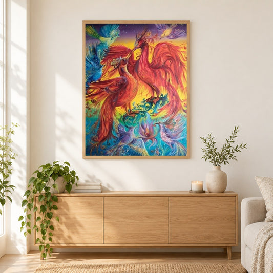 Erstaunliches Phönixpaar & Vögel als gerahmtes Diamond Painting im Wohnzimmer