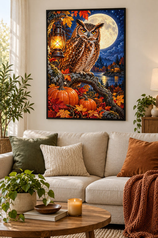 Eule mit Laterne und Kürbissen Diamond Painting als gerahmtes Diamond Painting im Wohnzimmer