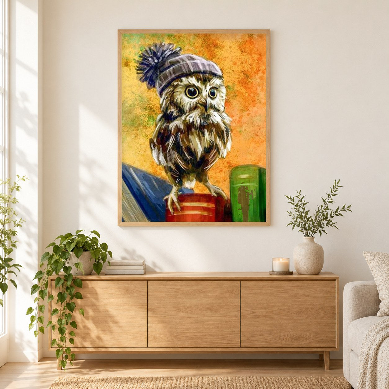 Eule mit Mütze als gerahmtes Diamond Painting im Wohnzimmer