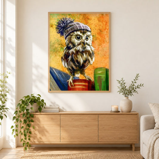 Eule mit Mütze als gerahmtes Diamond Painting im Wohnzimmer