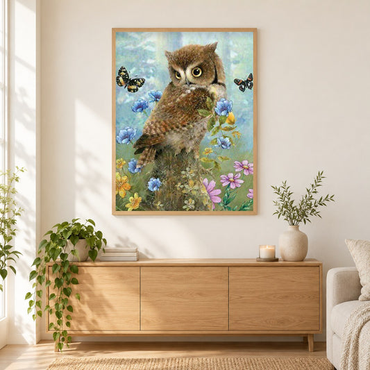 Eule & Schmetterlinge als gerahmtes Diamond Painting im Wohnzimmer